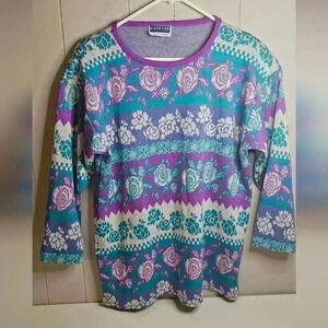 Vintage Cape Cod - Fairy Kei Sweater Pink & Teal Rose Floral, Medium, 3/4 sleeve